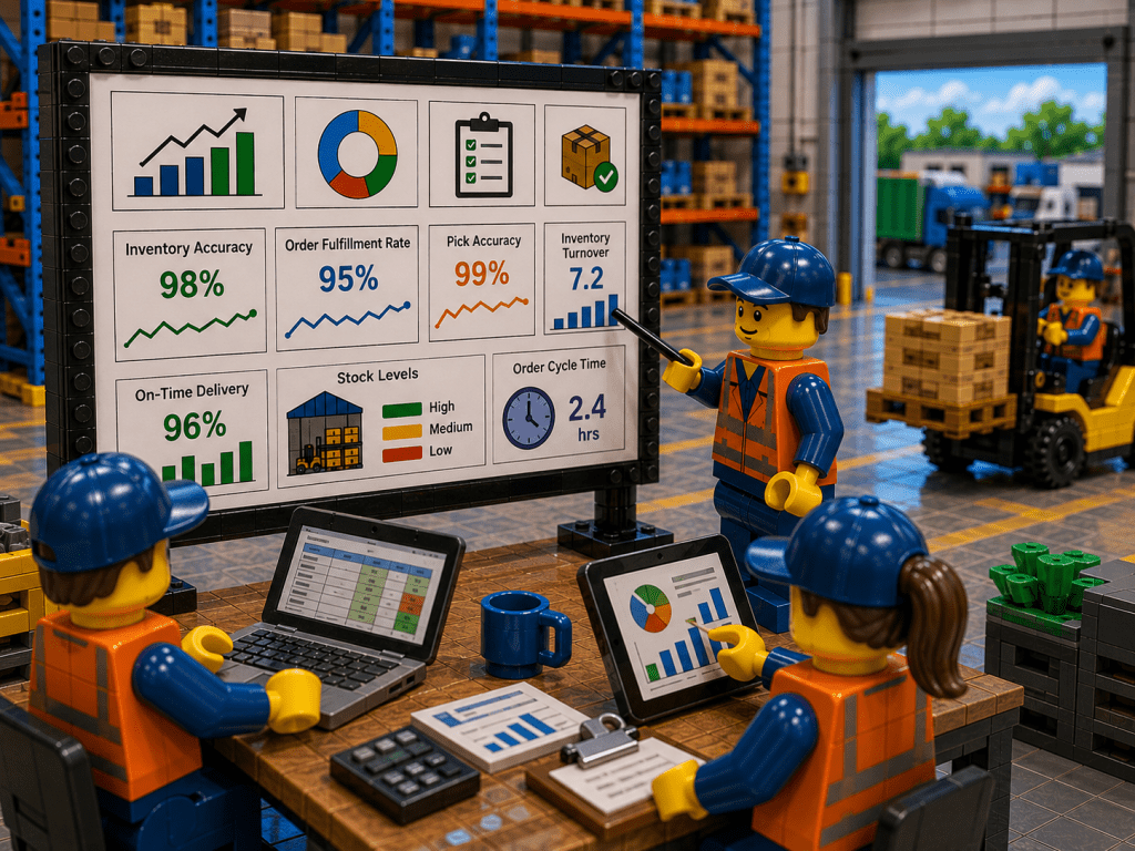 LEGO-style warehouse management scene showing operational efficiency metrics, inventory KPIs, warehouse analytics dashboards, and forklift operations with CyberStockroom inventory tracking and warehouse performance monitoring system