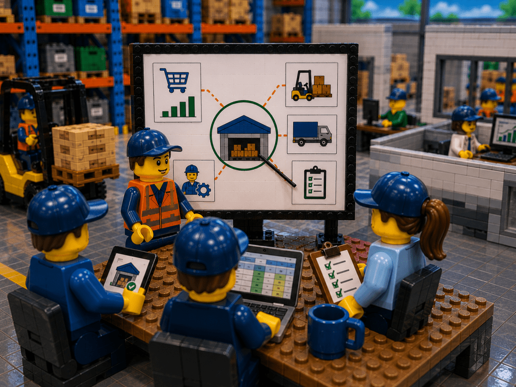 LEGO-style warehouse collaboration scene showing multi-department inventory visibility, warehouse operations planning, inventory tracking dashboards, logistics coordination, and centralized inventory management using CyberStockroom cloud warehouse software