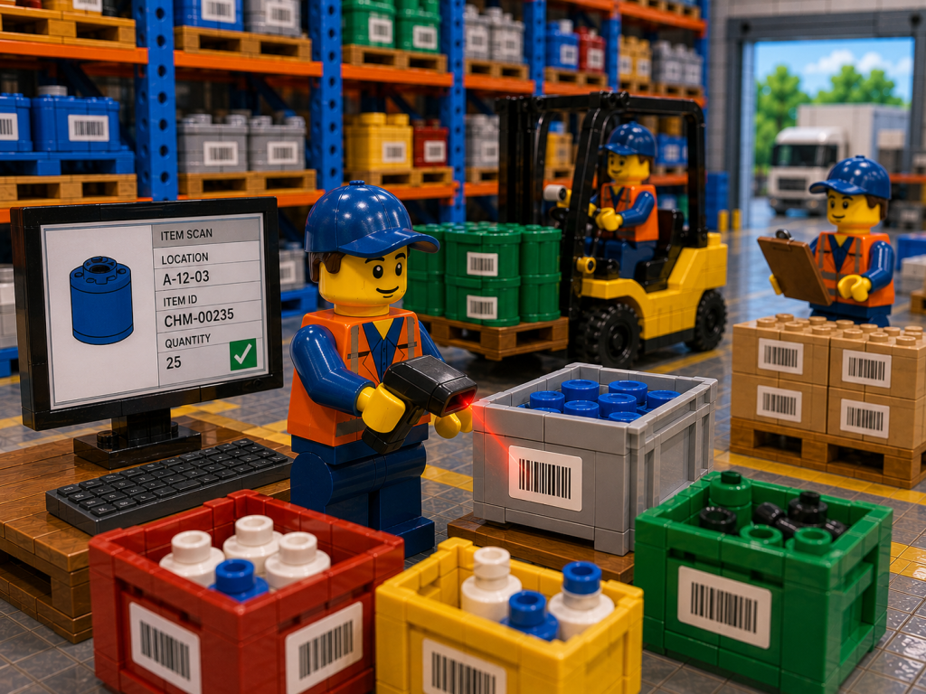 LEGO-style warehouse inventory tracking scene showing barcode scanning, organized storage bins, pallet inventory management, real-time item tracking, and warehouse organization workflows using CyberStockroom cloud inventory software