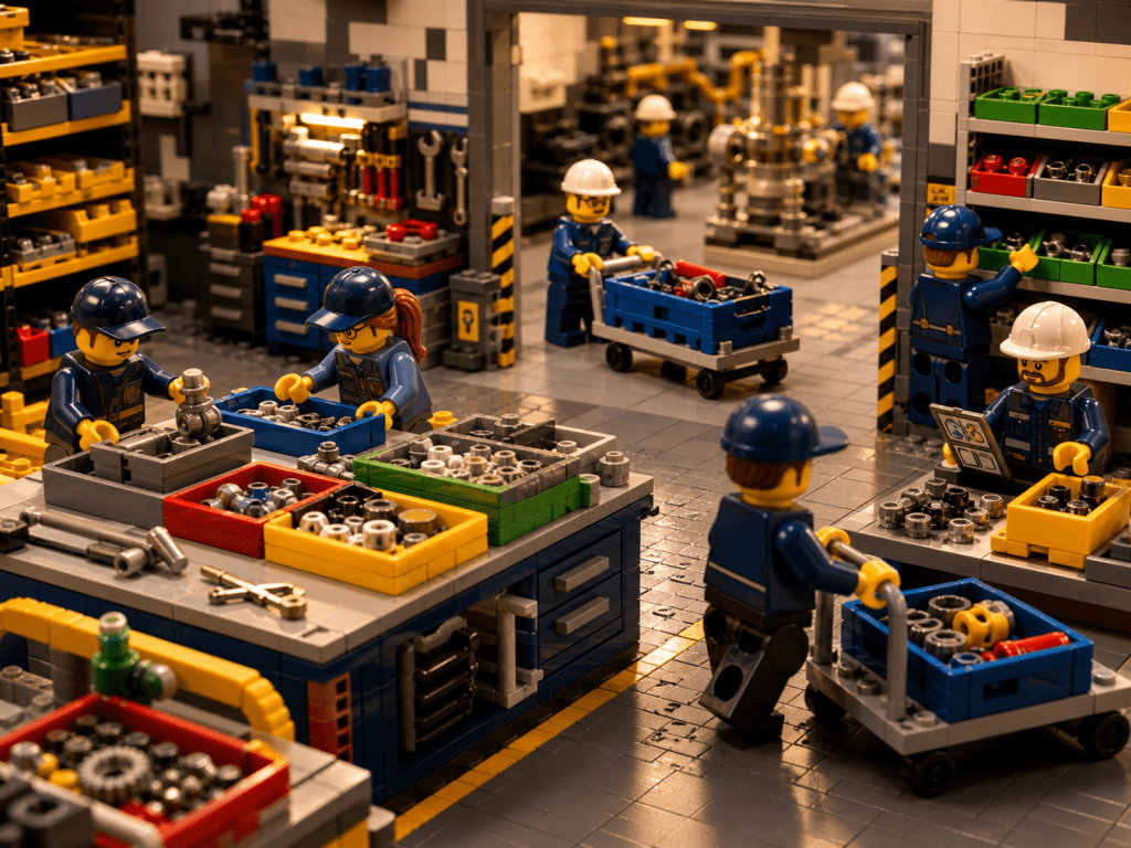 LEGO warehouse teams from different departments handling and organizing parts across workstations and shelves, showing shared visibility and coordinated inventory management with CyberStockroom