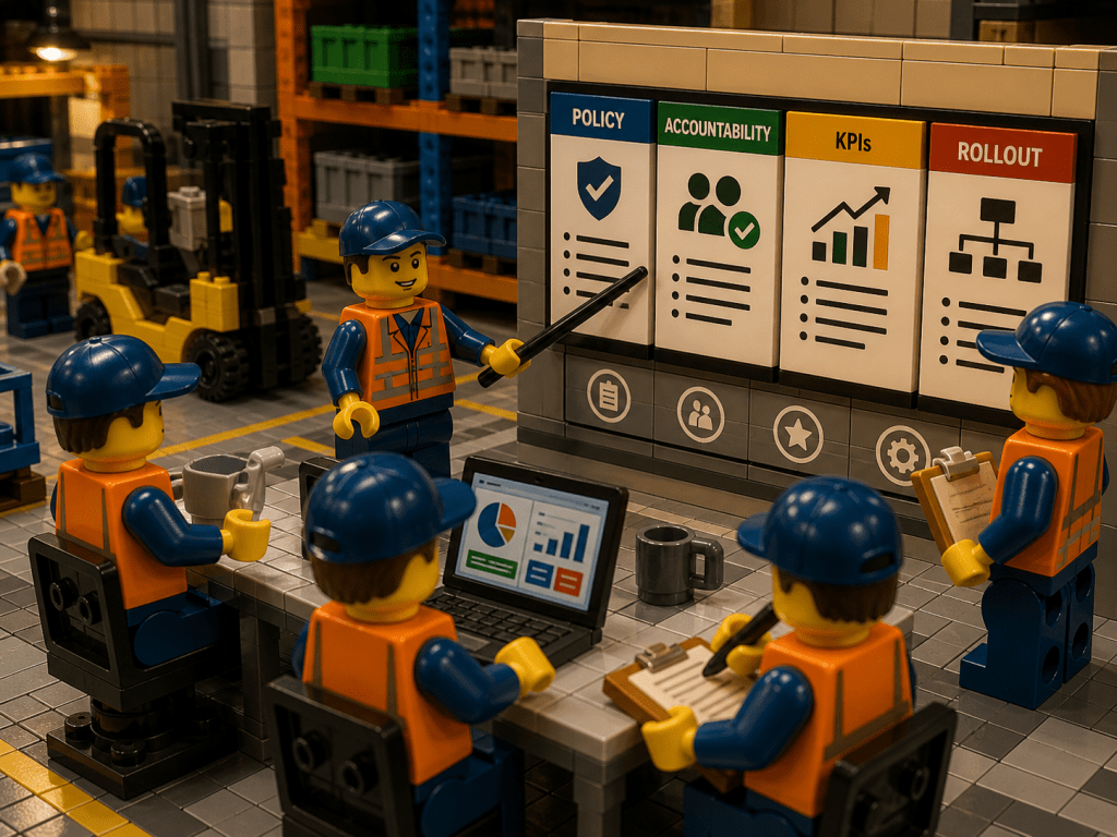 LEGO industrial stockroom team reviewing policy, accountability structures, KPI dashboards, and rollout strategy for warehouse inventory operations using CyberStockroom