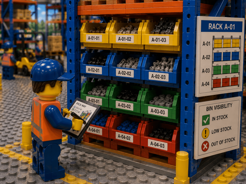LEGO warehouse worker using a tablet to view a rack map while standing in front of clearly labeled storage bins and shelves. Each bin has a unique location code, demonstrating rack-level bin visibility and accurate inventory location tracking with CyberStockroom.