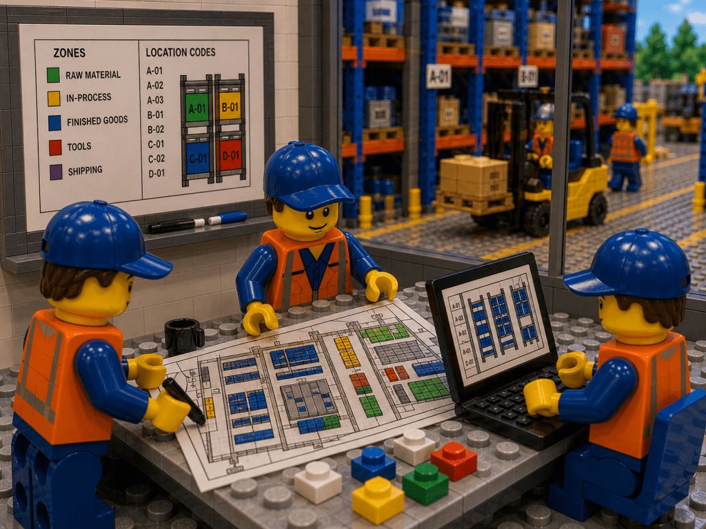 LEGO-style warehouse inventory planning scene showing workers creating a location-based storage map with clearly labeled zones, racks, shelves, and bins. A warehouse layout, location codes, and digital rack maps demonstrate best practices for achieving full parts visibility through standardized location labeling, barcode-enabled tracking, and CyberStockroom inventory mapping software.