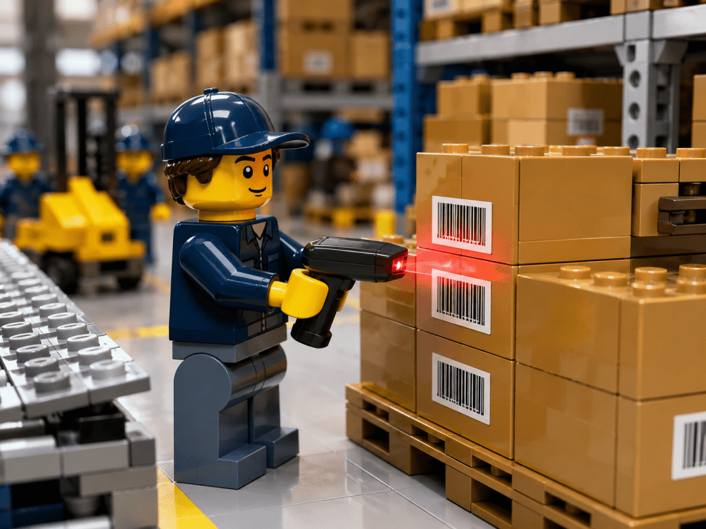 LEGO-style warehouse environment showing a worker using a barcode scanner to identify and track inventory stored on palletized boxes. Barcode labels are attached to each item, supporting consistent inventory tracking, location accuracy, and cross-department visibility. The image illustrates best practices for parts visibility, including standardized labeling, barcode scanning workflows, inventory traceability, and shared access to accurate inventory data through CyberStockroom inventory management software.