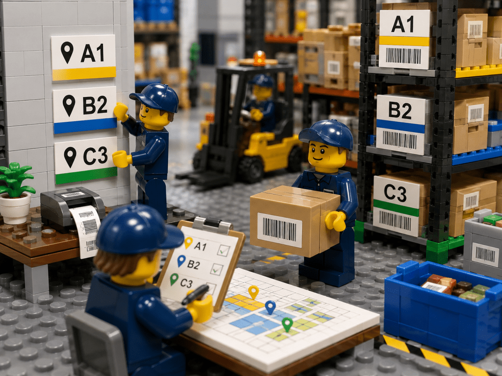 LEGO warehouse team creating an inventory map with labeled storage locations, barcode labels, and floor plan markers, illustrating step-by-step inventory mapping and improved inventory visibility with CyberStockroom