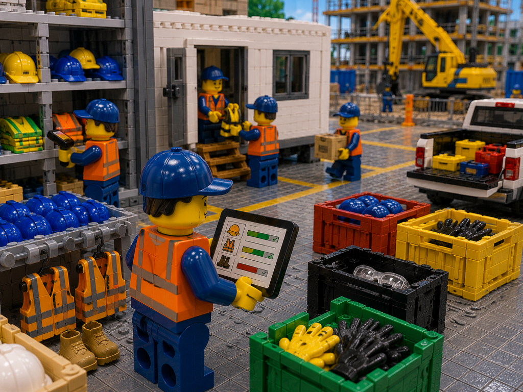 LEGO-style construction PPE inventory management scene showing safety equipment storage, distributed inventory locations, field crews, jobsite trailers, and centralized inventory visibility across multiple construction site storage areas using CyberStockroom inventory management software