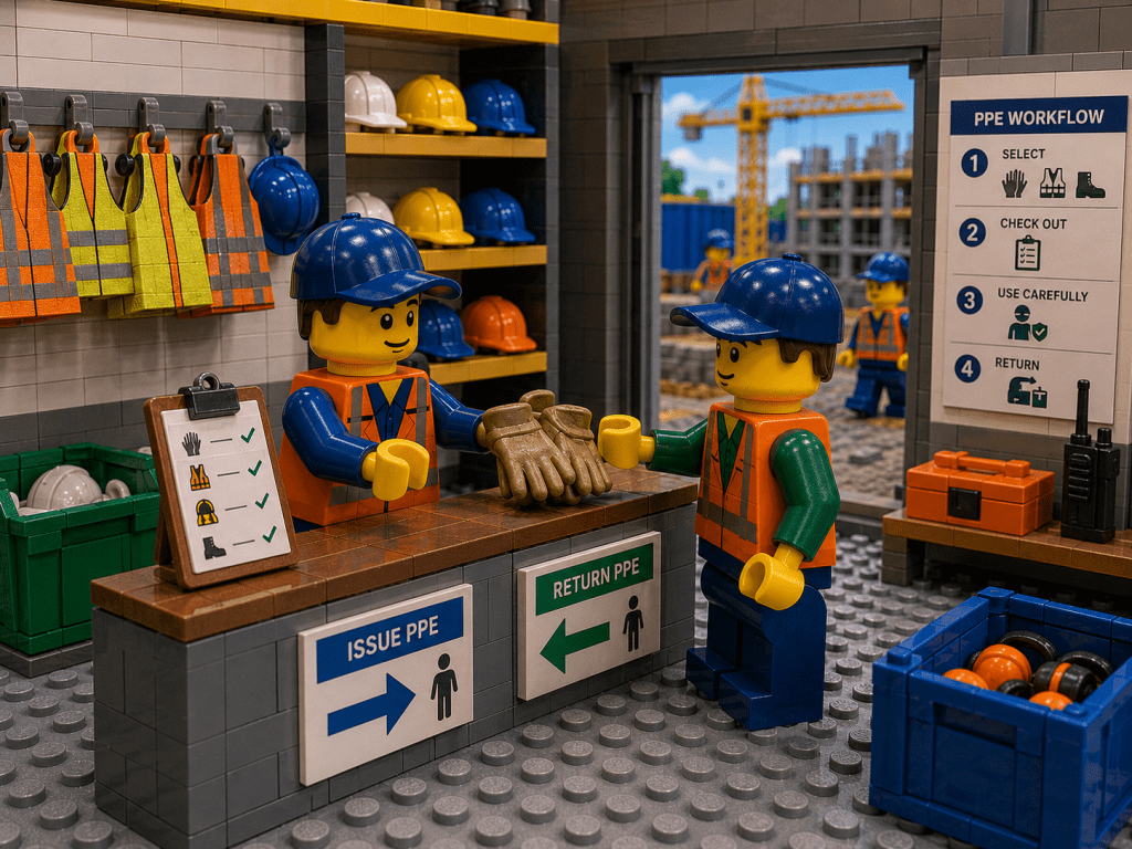 LEGO-style PPE inventory management scene showing workers issuing and returning personal protective equipment, standardized inventory workflows, safety gear accountability, and inventory visibility controls using CyberStockroom inventory management software across construction sites and warehouses