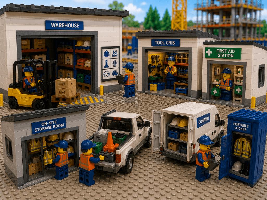 LEGO-style construction PPE inventory management scene featuring multiple storage locations including warehouse, tool crib, first aid station, on-site storage room, company service vehicle, and portable locker. Workers track safety equipment across locations using CyberStockroom inventory visibility and PPE workflow management system.