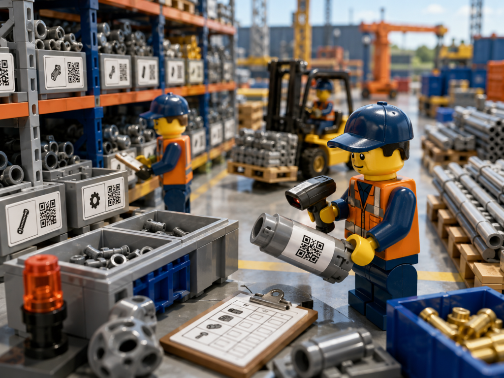 LEGO-style construction inventory scene with barcode-labeled parts and organized bins, showing how CyberStockroom’s Inventory Map improves part identification, cataloging, and inventory visibility.