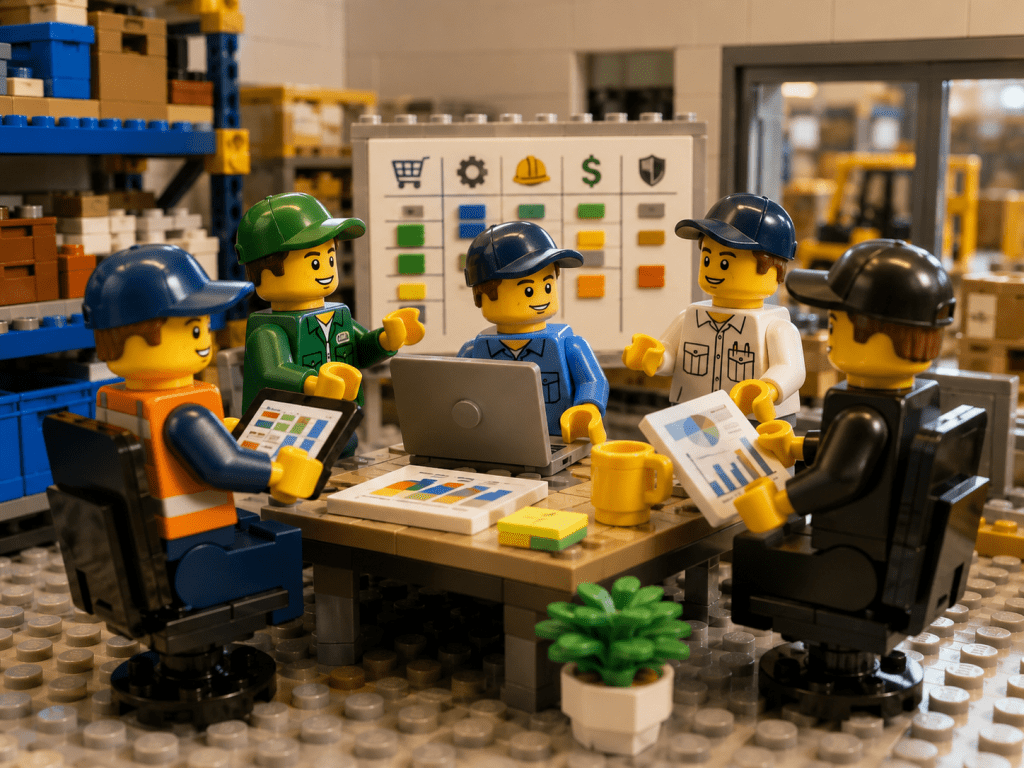 LEGO-style warehouse team reviewing inventory reports together, showing how CyberStockroom’s Inventory Map supports cross-department collaboration, communication, and inventory visibility.