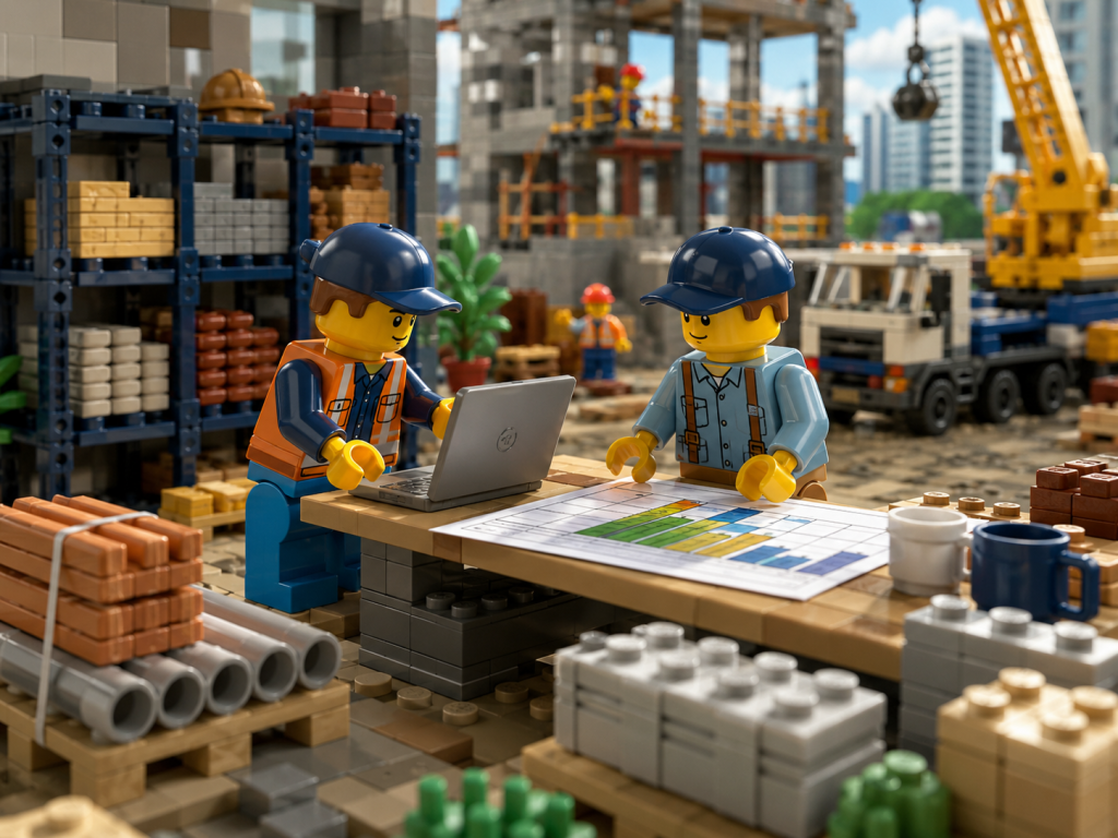 LEGO-style construction planning scene with workers reviewing inventory needs near stored materials, showing how CyberStockroom’s Inventory Map supports forecasting, planning, and inventory visibility.