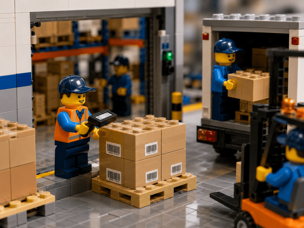 LEGO-style warehouse scene with workers scanning barcoded pallets and moving inventory, showing how CyberStockroom’s Inventory Map improves location tracking, check-in/check-out procedures, and inventory visibility.