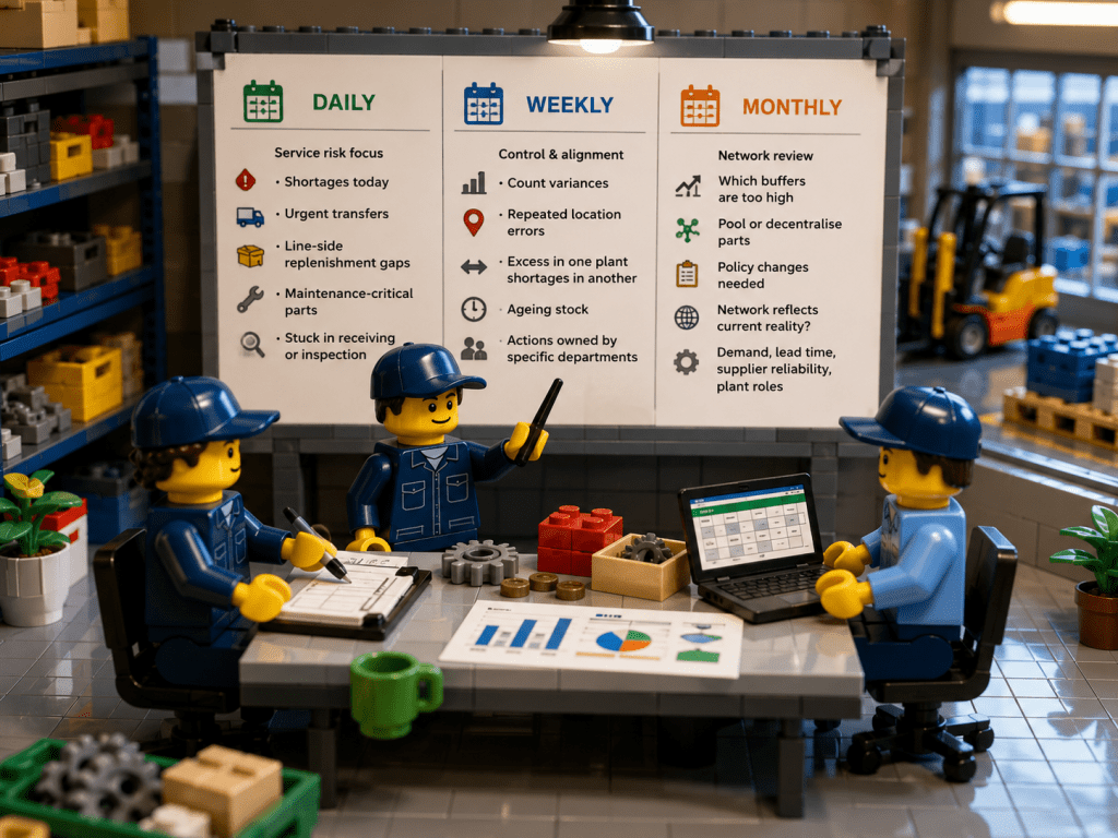 LEGO-style operations team conducting a structured inventory review meeting focused on metrics, governance, and continuous improvement. A visual board displays daily, weekly, and monthly inventory management activities, including shortage tracking, urgent transfers, count variances, ageing stock reviews, network inventory balancing, and policy updates. Team members review performance reports and inventory data, representing the disciplined processes that support long-term inventory accuracy and operational visibility. CyberStockroom is depicted as the platform supporting data-driven inventory management and continuous improvement across locations.