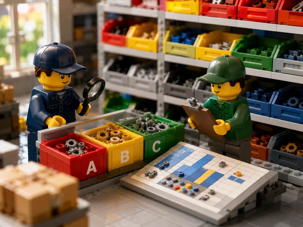 LEGO-inspired construction site coordination meeting showing a cross-functional materials review involving warehouse control, logistics, procurement, quality, production, and trade supervisors. Team members are reviewing a visual status board that tracks material shortages, items on hold, incoming deliveries, transfer opportunities, workflow blockers, and escalation needs. The image represents daily inventory coordination, proactive material planning, and improved communication between departments to maintain schedule reliability and inventory visibility on complex construction and industrial projects.
