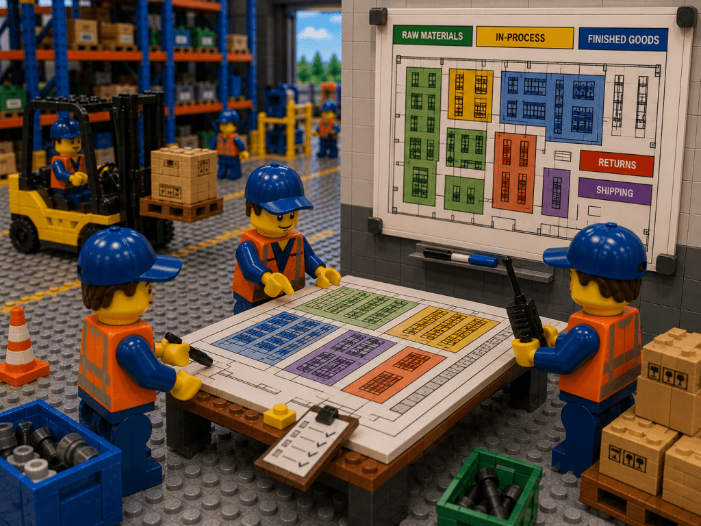 LEGO warehouse team gathered around a facility layout map, planning inventory zones for raw materials, in-process inventory, finished goods, returns, and shipping areas. Workers review storage locations and warehouse organization strategies to support inventory mapping and visibility with CyberStockroom.