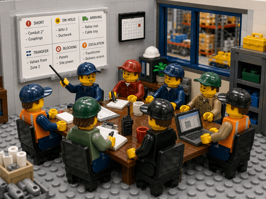 LEGO-inspired construction site coordination meeting showing a cross-functional materials review involving warehouse control, logistics, procurement, quality, production, and trade supervisors. Team members are reviewing a visual status board that tracks material shortages, items on hold, incoming deliveries, transfer opportunities, workflow blockers, and escalation needs. The image represents daily inventory coordination, proactive material planning, and improved communication between departments to maintain schedule reliability and inventory visibility on complex construction and industrial projects.