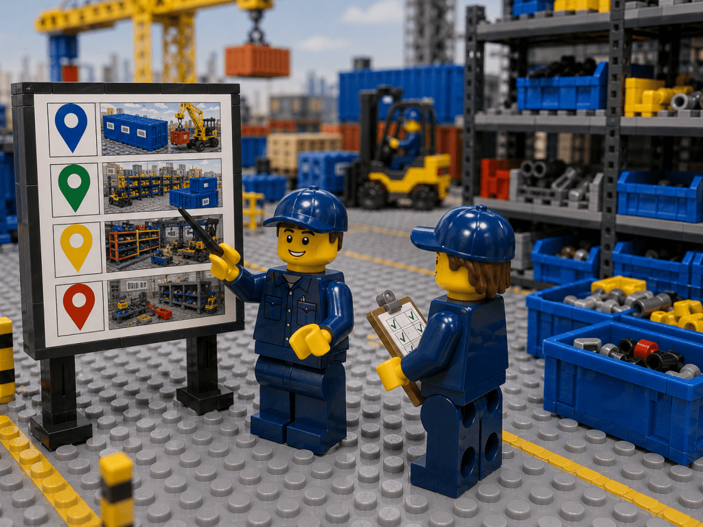 LEGO-style warehouse scene showing workers using a visual inventory map with clearly identified storage zones and labeled inventory locations. Nearby shelving, bins, and yard storage areas are organized into defined locations rather than relying on vague descriptions. The image illustrates how reducing location ambiguity through visual inventory management, standardized location naming, labeled storage areas, and organized material placement improves inventory accuracy, speeds up retrieval, reduces duplicate picks, and increases inventory visibility across construction and industrial operations with CyberStockroom.