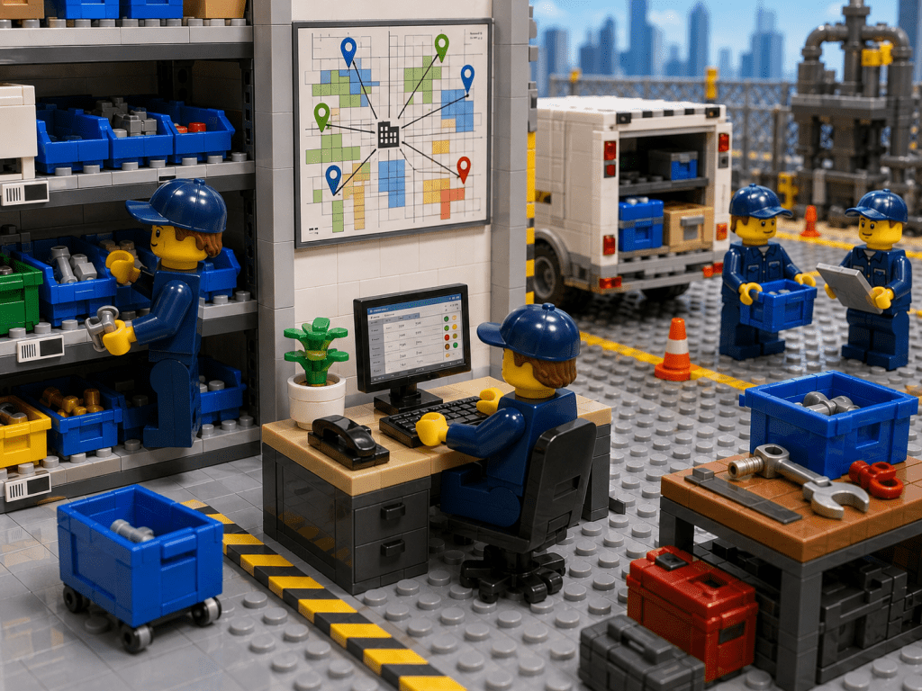 LEGO-style warehouse and field operations environment showing workers accessing a centralized inventory system while managing parts across warehouse shelves, workstations, mobile service vehicles, and remote job sites. A visual inventory map and shared inventory records connect multiple locations, enabling accurate tracking of materials and spare parts throughout the organization. The image illustrates best practices for parts visibility across departments and job sites, including standardized locations, real-time inventory visibility, coordinated material movement, improved inventory accuracy, and efficient cross-functional collaboration with CyberStockroom inventory management software.