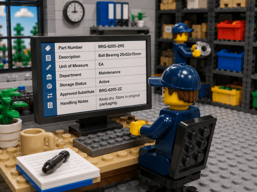 LEGO-style warehouse office scene featuring an inventory manager reviewing a detailed item master record on a computer. The item record includes essential inventory fields such as part number, plain-language description, unit of measure, department assignment, storage status, approved substitute, and handling instructions. Warehouse storage shelves and maintenance parts are visible in the background. The image illustrates the importance of standardizing item records before implementing advanced reporting, helping organizations improve inventory accuracy, data consistency, cross-department visibility, reporting quality, and inventory management effectiveness with CyberStockroom.