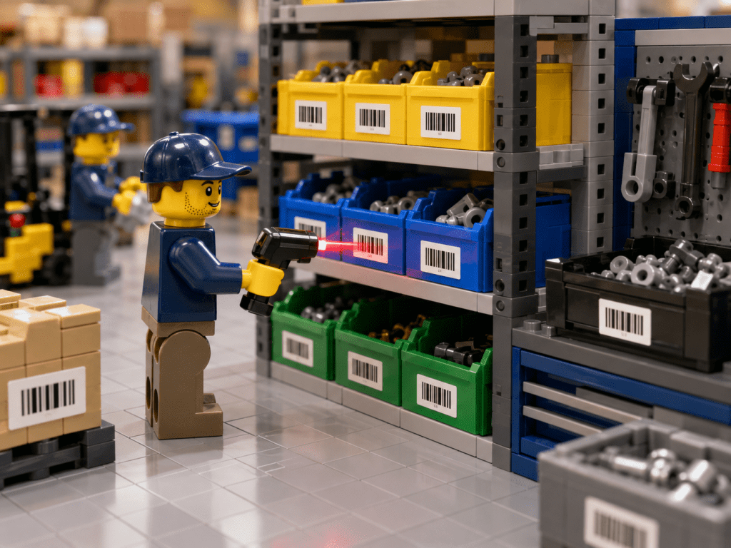 LEGO-style warehouse scene with barcoded bins, organized shelves, and a worker scanning inventory, showing how CyberStockroom’s Inventory Map improves label standardization, process consistency, and inventory visibility.