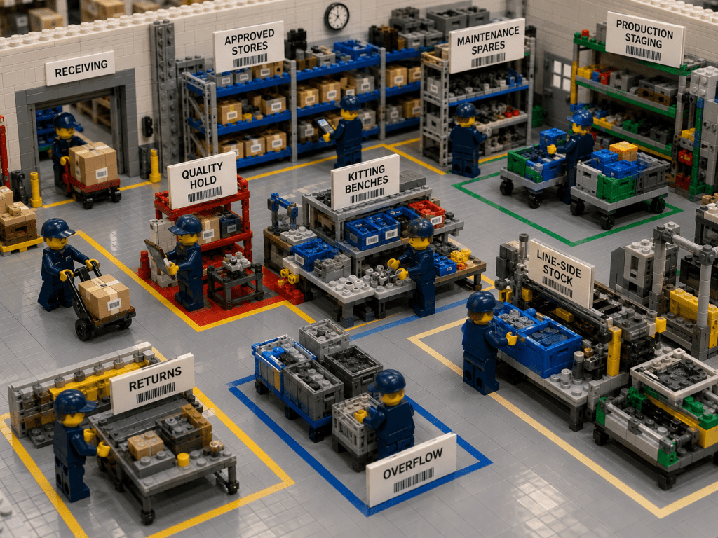 LEGO-style manufacturing and warehouse environment organized into dedicated inventory zones for receiving, approved stores, maintenance spares, production staging, kitting benches, line-side stock, returns, quality hold, and overflow inventory. Workers move and manage parts across departments while each area is clearly identified and separated. The image illustrates a best-practice model for multi-department parts visibility, helping organizations improve inventory control, material flow, location accuracy, traceability, and cross-functional coordination with CyberStockroom inventory management software.
