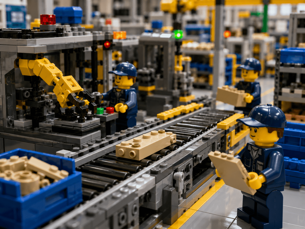 LEGO manufacturing floor with workers monitoring a production line while parts move through an automated assembly process. The scene highlights how visual inventory visibility helps teams quickly understand material flow, stock status, and production progress compared to relying solely on inventory lists, showcasing CyberStockroom's visual inventory management approach.
