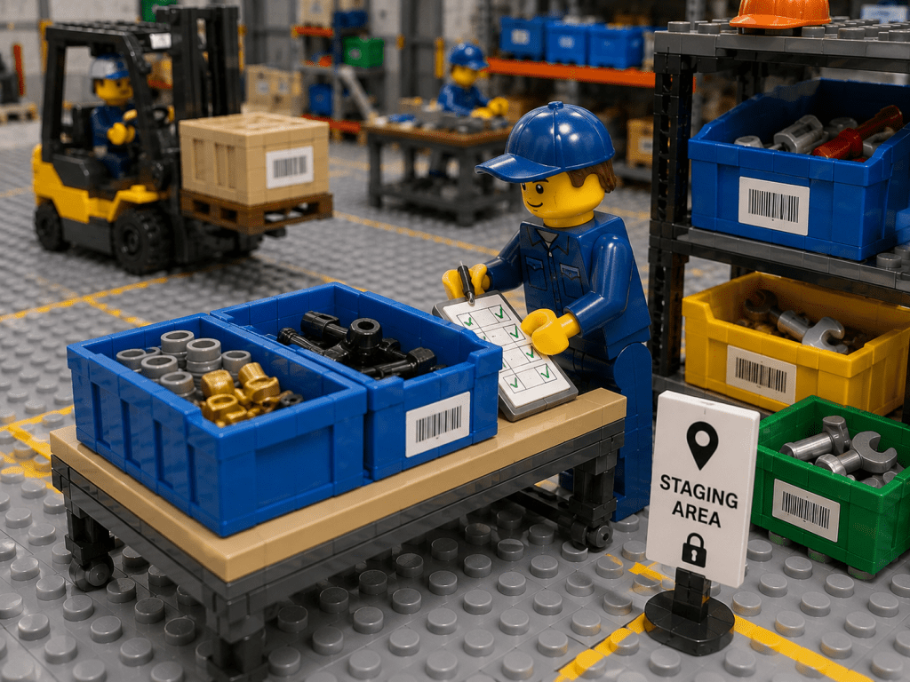 LEGO-style warehouse scene featuring a worker organizing inventory bins with barcode labels in a designated staging area. Shelves, containers, and parts are consistently labeled and organized to support standardized naming conventions for parts and locations. The image illustrates how using a common inventory language across departments improves inventory accuracy, reduces confusion, speeds up material retrieval, and enhances cross-department visibility through CyberStockroom inventory management software.