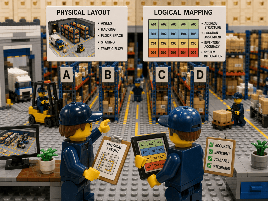 LEGO-style warehouse scene illustrating the relationship between a physical warehouse layout and a logical inventory map. Workers review storage zones, aisle identifiers, location codes, and warehouse planning documents while organized racks are labeled A, B, C, and D. The image demonstrates why inventory mapping should come first when building an inventory management system, helping improve location accuracy, inventory visibility, operational efficiency, scalability, and warehouse organization with CyberStockroom.