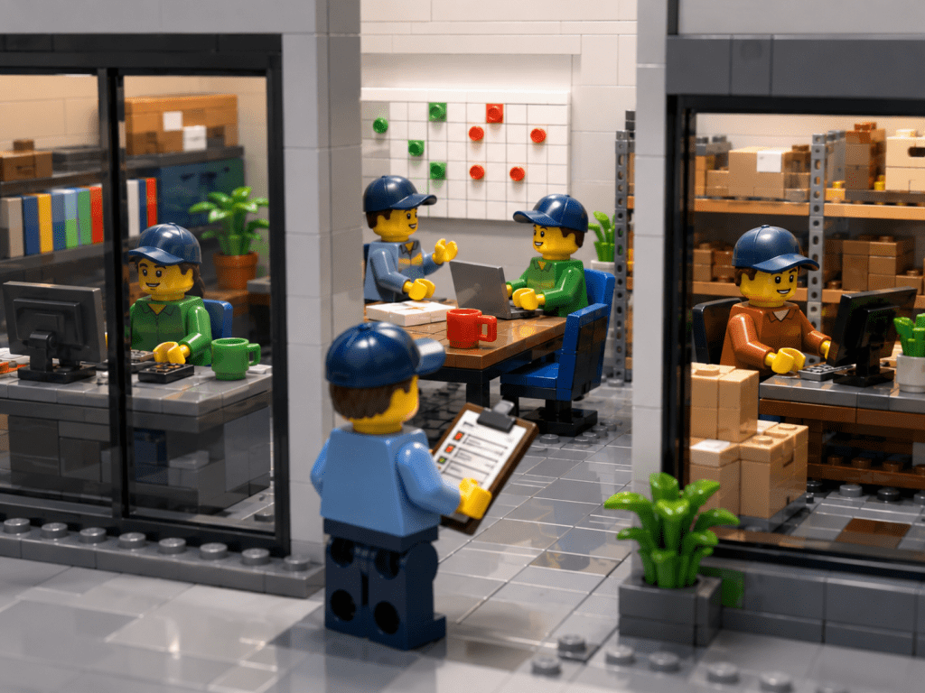 LEGO office and warehouse teams working separately in different rooms, each using their own computers, spreadsheets, and records. The scene illustrates how list-based inventory visibility creates information silos between departments, making collaboration and inventory tracking more difficult without a shared visual system like CyberStockroom.