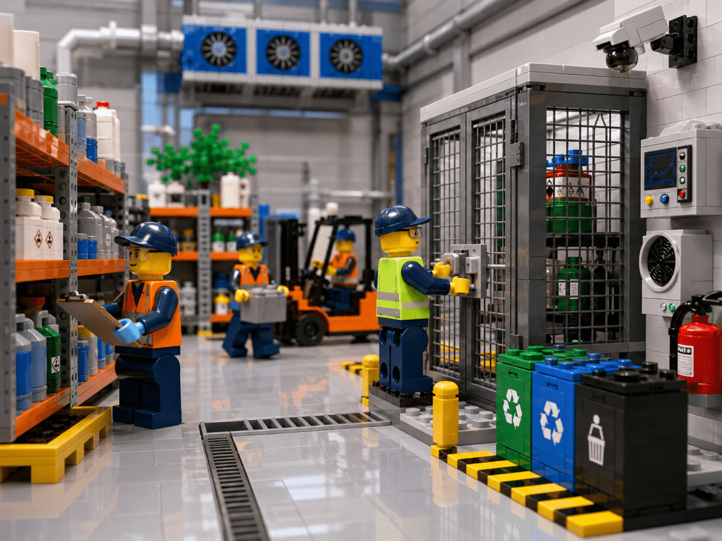 LEGO-style warehouse scene with secured storage, safety equipment, environmental controls, and organized materials, showing how CyberStockroom’s Inventory Map supports safer inventory management and inventory visibility.
