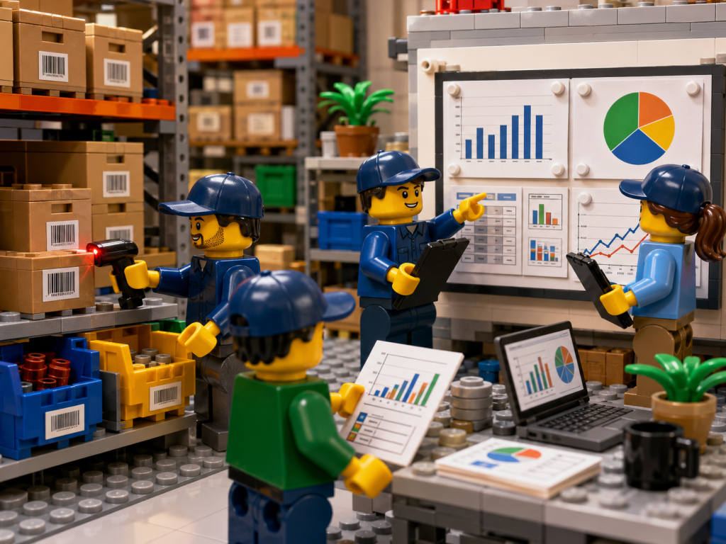 LEGO-style warehouse team scanning barcoded stock and reviewing inventory performance dashboards, showing how CyberStockroom’s Inventory Map helps track inventory data, measure performance, and improve visibility.