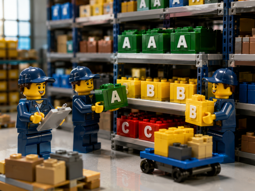 LEGO-style warehouse scene with ABC-labeled inventory bins and organized shelves, showing how CyberStockroom’s Inventory Map helps replace wall-to-wall correction with continuous inventory accuracy and visibility.