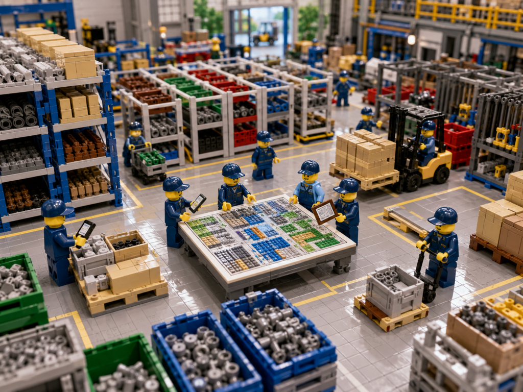 LEGO-style factory workers reviewing a visual inventory layout to organize storage locations with CyberStockroom’s Inventory Map.