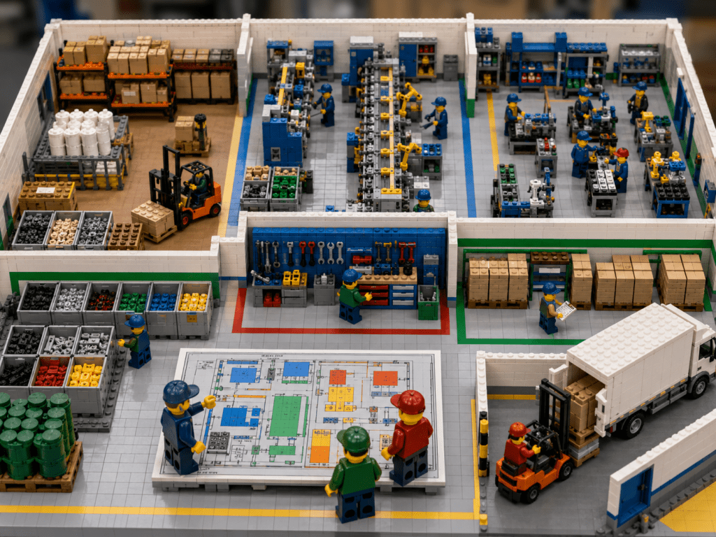 LEGO-style facility layout with mapped storage zones, work areas, and inventory locations, showing how CyberStockroom’s Inventory Map improves inventory visibility.