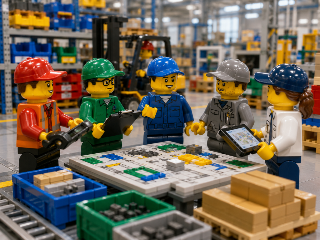 LEGO-style manufacturing teams reviewing a shared inventory layout using CyberStockroom’s Inventory Map for better cross-department communication and visibility.