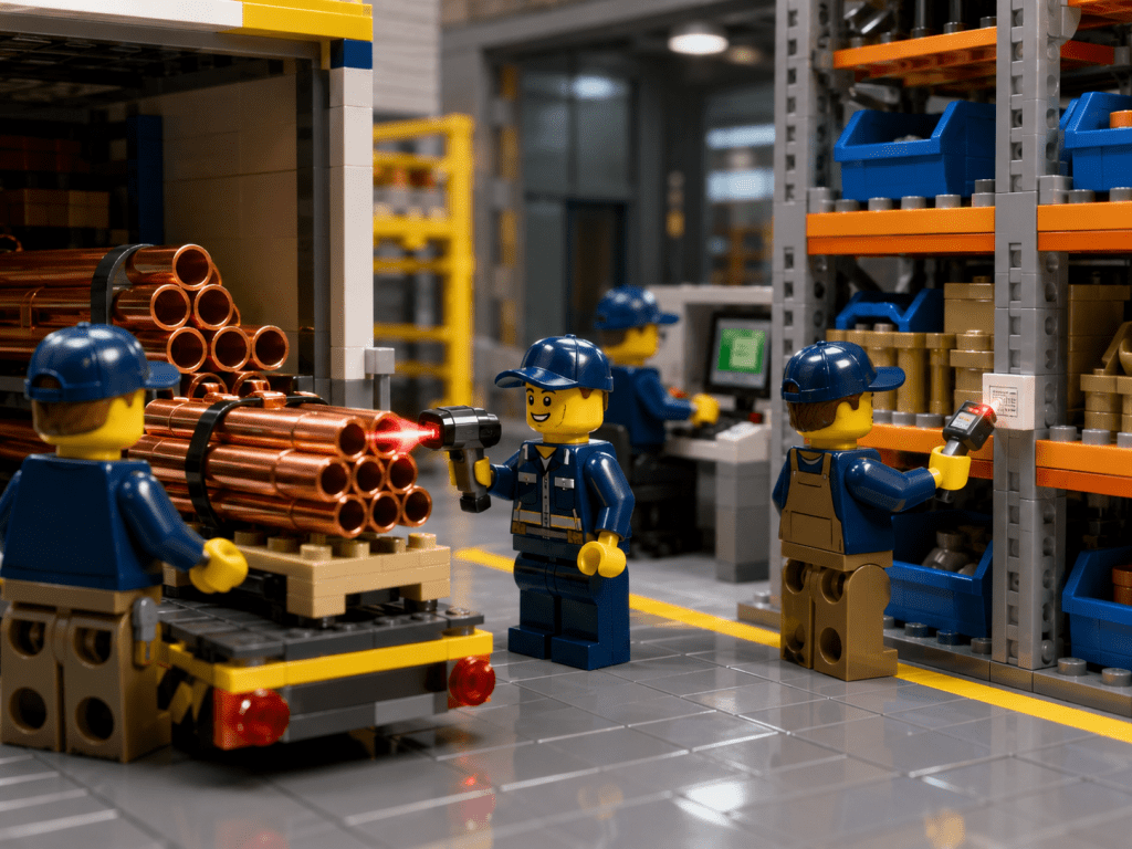 LEGO-style workers using barcode scanners to record inventory moves and maintain real-time visibility with CyberStockroom’s Inventory Map.