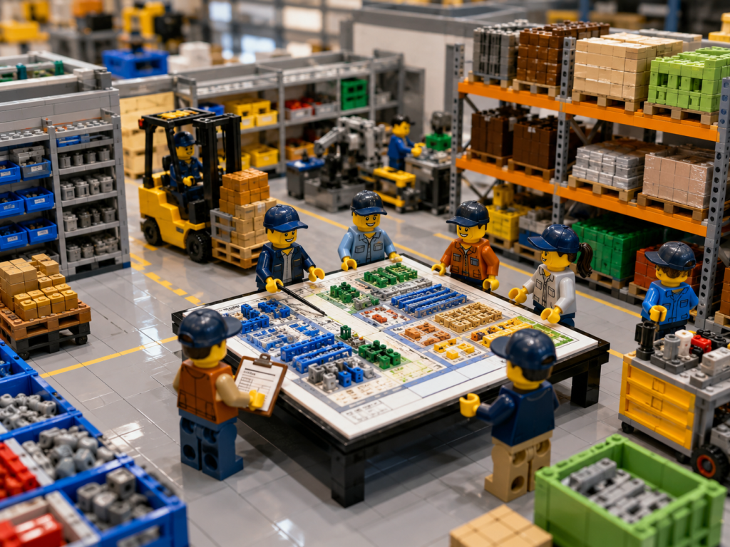 LEGO-style warehouse workers reviewing an inventory layout map for organized storage and better visibility with CyberStockroom’s Inventory Map.
