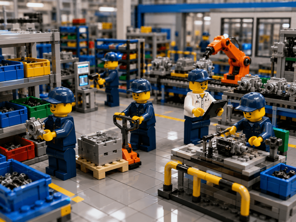 LEGO-style factory workers managing parts and production tasks using best practices supported by CyberStockroom’s Inventory Map.