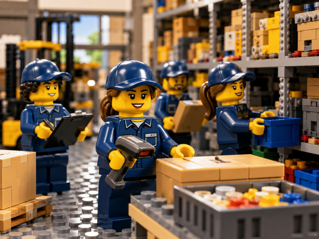 LEGO-style warehouse team using scanners and checklists to manage inventory, showing how CyberStockroom’s Inventory Map improves operational efficiency, team alignment, and inventory visibility.