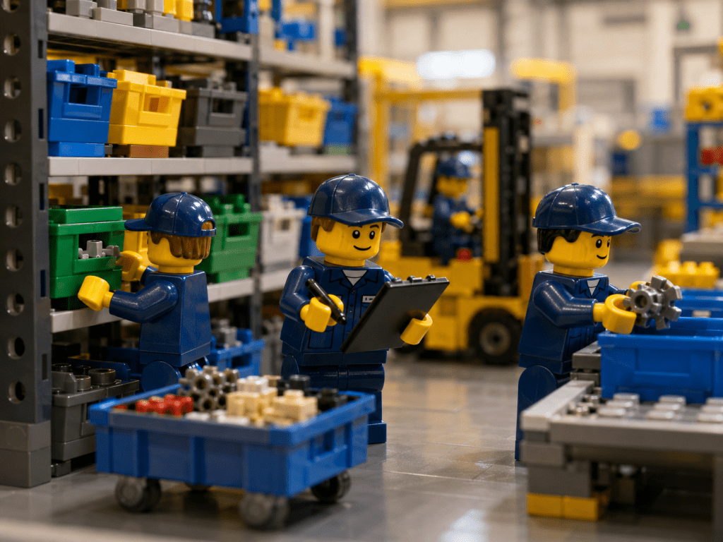 LEGO-style workers verifying stock and storage locations to keep CyberStockroom’s Inventory Map accurate, useful, and up to date.