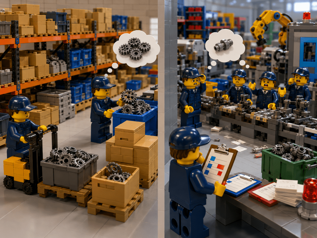 LEGO-style split warehouse and production scene with teams looking for parts in separate inventory areas, showing how CyberStockroom’s Inventory Map helps reduce decentralized inventory blind spots and improve inventory visibility.