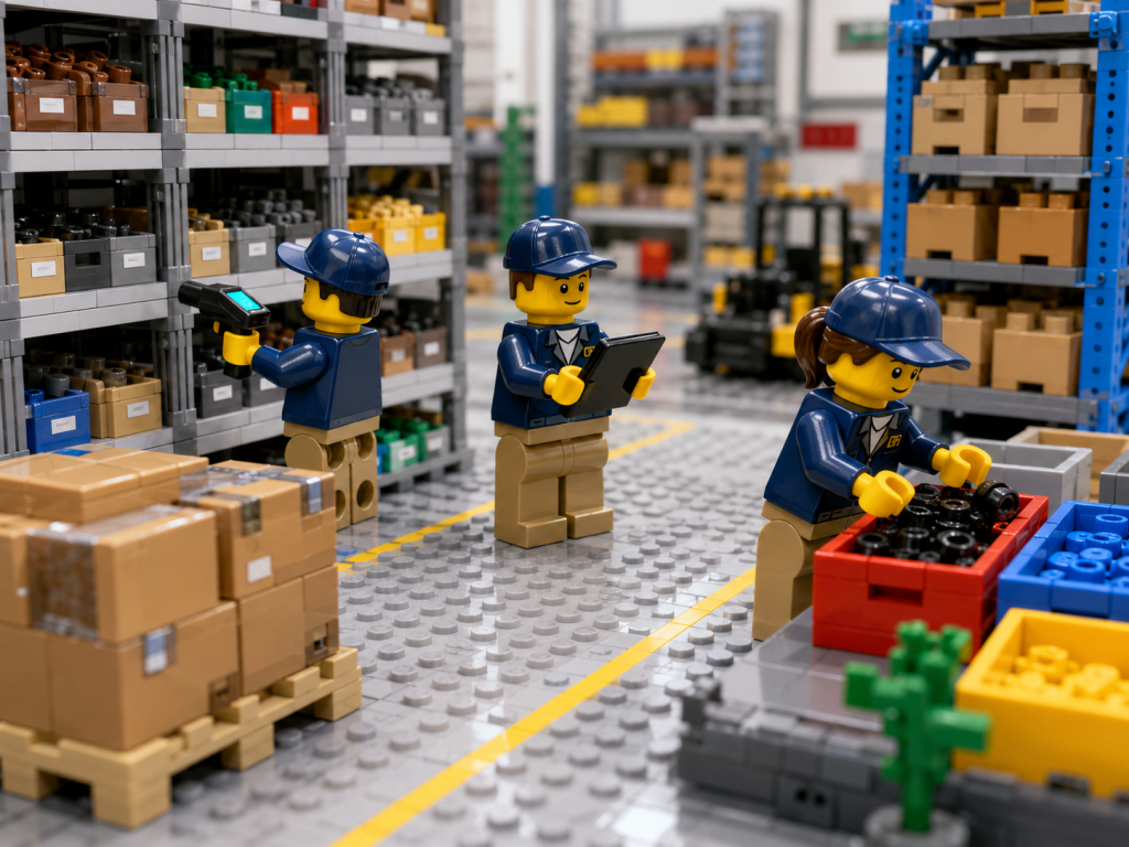 LEGO-style workers performing inventory audits and cycle counting to improve accuracy and visibility with CyberStockroom’s Inventory Map.