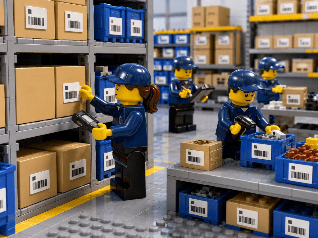 LEGO-style warehouse scene with barcoded shelves, boxes, and bins, showing how CyberStockroom’s Inventory Map improves label standardization, process consistency, nomenclature, and inventory visibility.