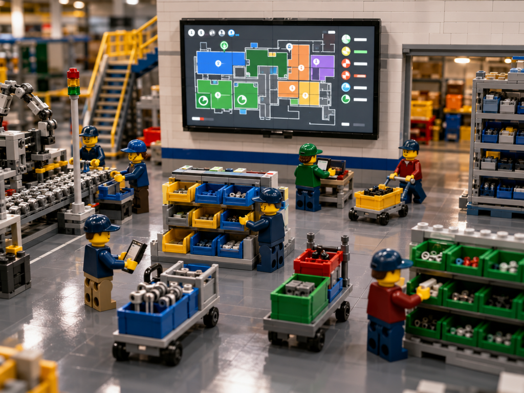 LEGO-style manufacturing floor using CyberStockroom’s Inventory Map to track fast-moving parts, critical spares, and replenishment visibility.