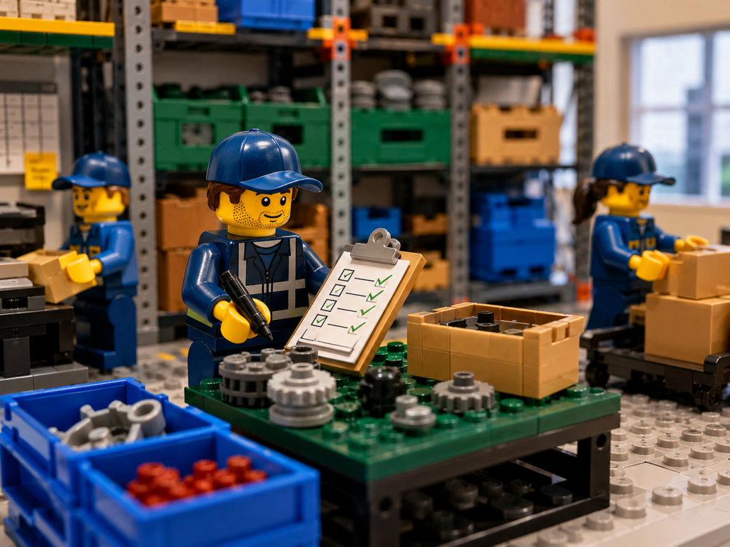 LEGO-style workers documenting and sorting surplus materials during closeout using CyberStockroom’s Inventory Map for better inventory visibility.
