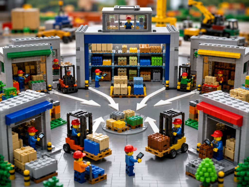 LEGO-style inventory network with multiple storage sites, forklifts, and shared material flow, showing how CyberStockroom’s Inventory Map helps consolidate inventory across locations for better visibility and control.
