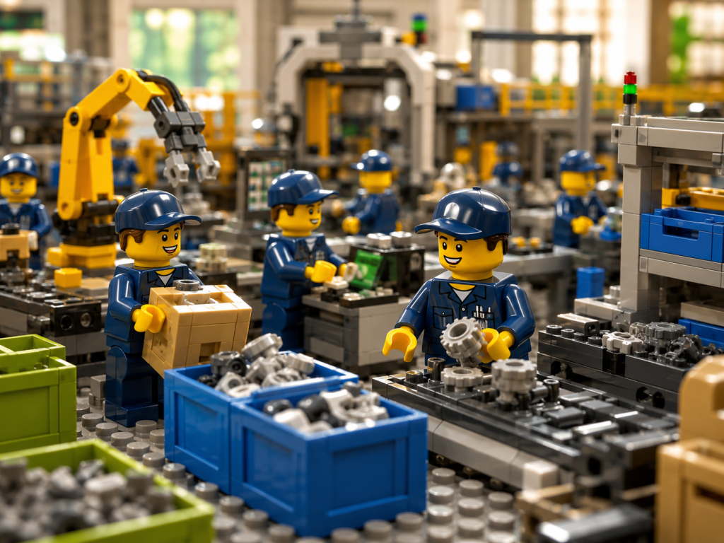 LEGO-style manufacturing floor with parts bins, workstations, and production activity, showing how CyberStockroom’s Inventory Map improves full parts visibility, lean manufacturing flow, and inventory visibility.