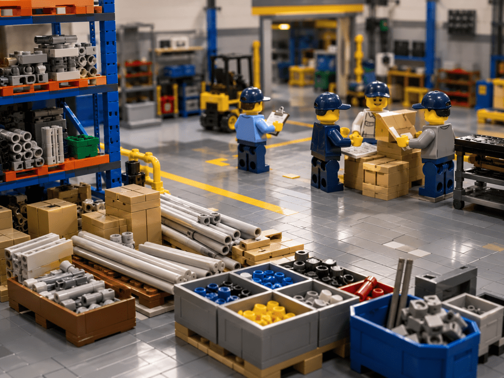 LEGO-style workers organising surplus construction materials to prevent loss and improve closeout tracking with CyberStockroom’s Inventory Map.