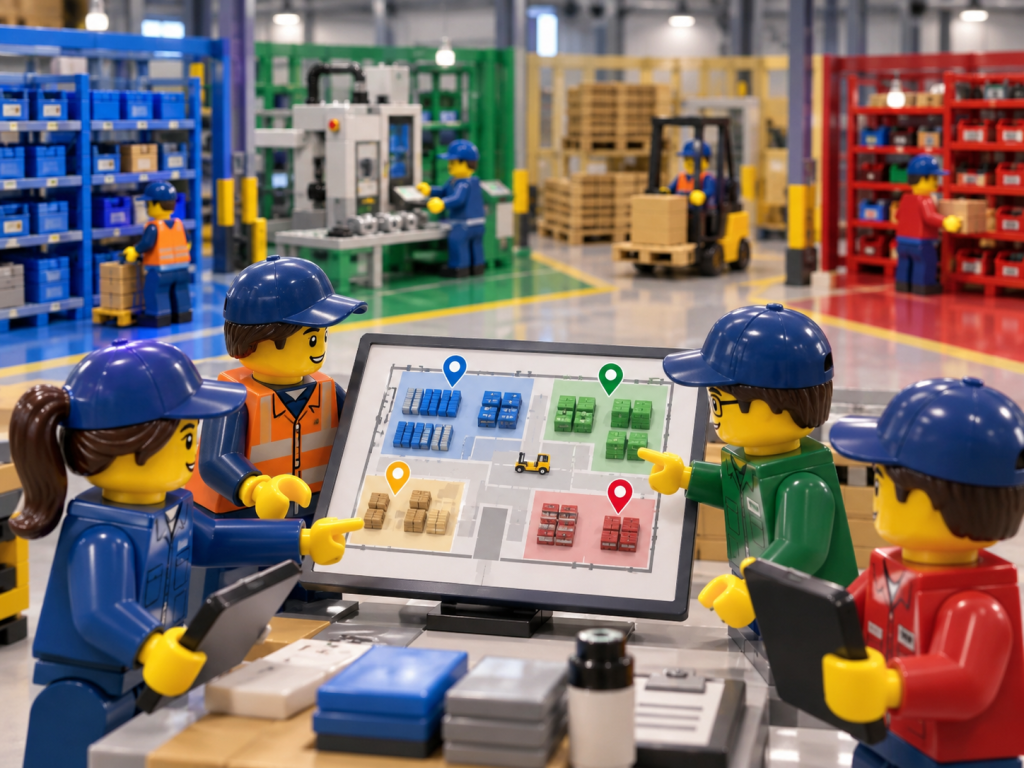 LEGO-style manufacturing teams using CyberStockroom’s Inventory Map to improve shared inventory visibility across plant departments.