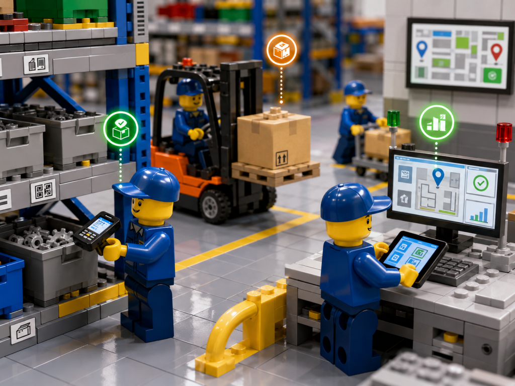 LEGO-style manufacturing workers using digital tools and CyberStockroom’s Inventory Map to maintain accurate parts visibility across departments.